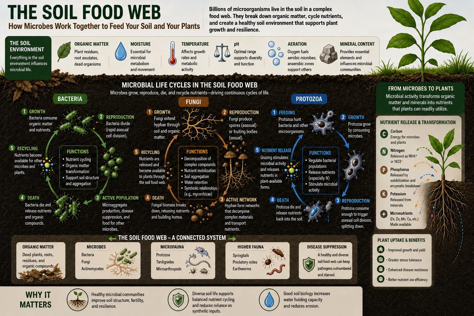The soil food web: how bacteria, fungi, and protozoa cycle nutrients to feed plants